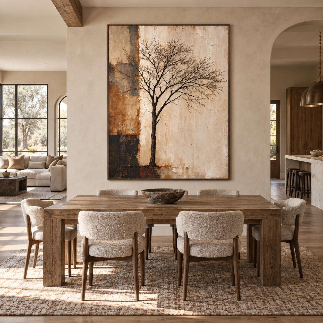 Slender black tree beside rust, slate gray, and charcoal panels on an ivory field, shown in a room setting