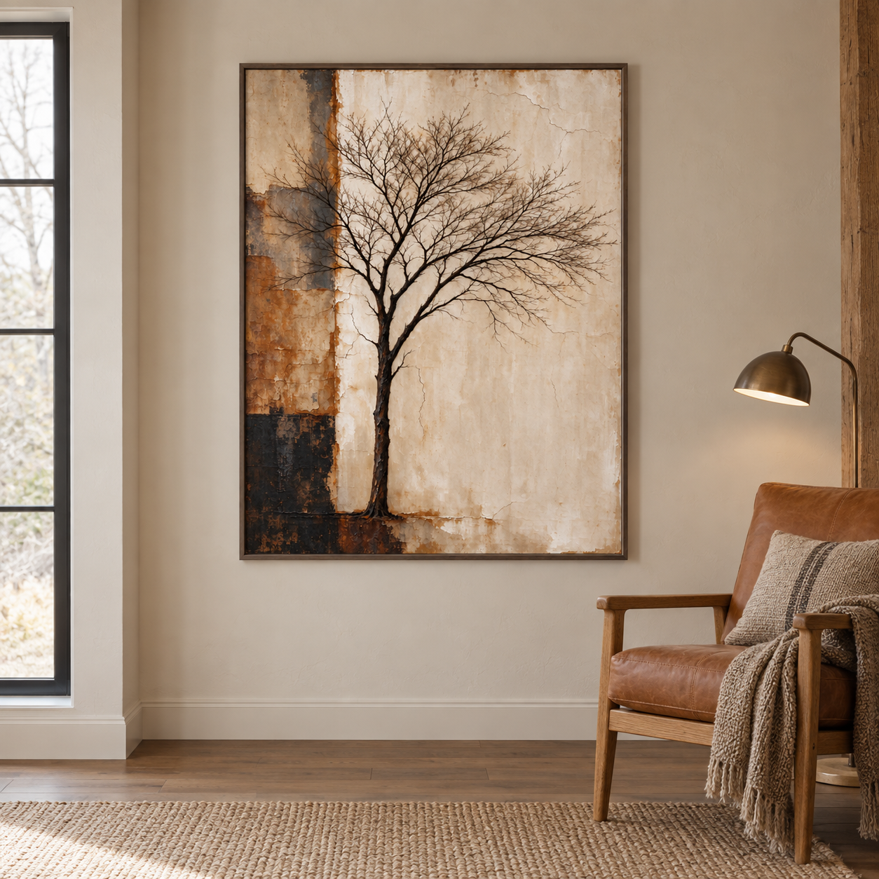 Slender black tree beside rust, slate gray, and charcoal panels on an ivory field, shown in a room setting