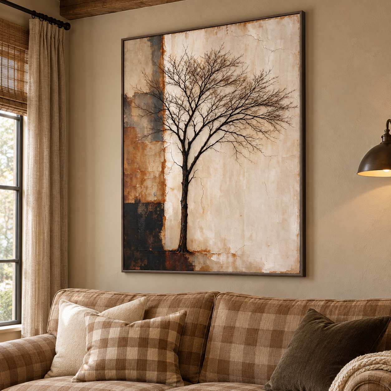 Slender black tree beside rust, slate gray, and charcoal panels on an ivory field, shown in a room setting