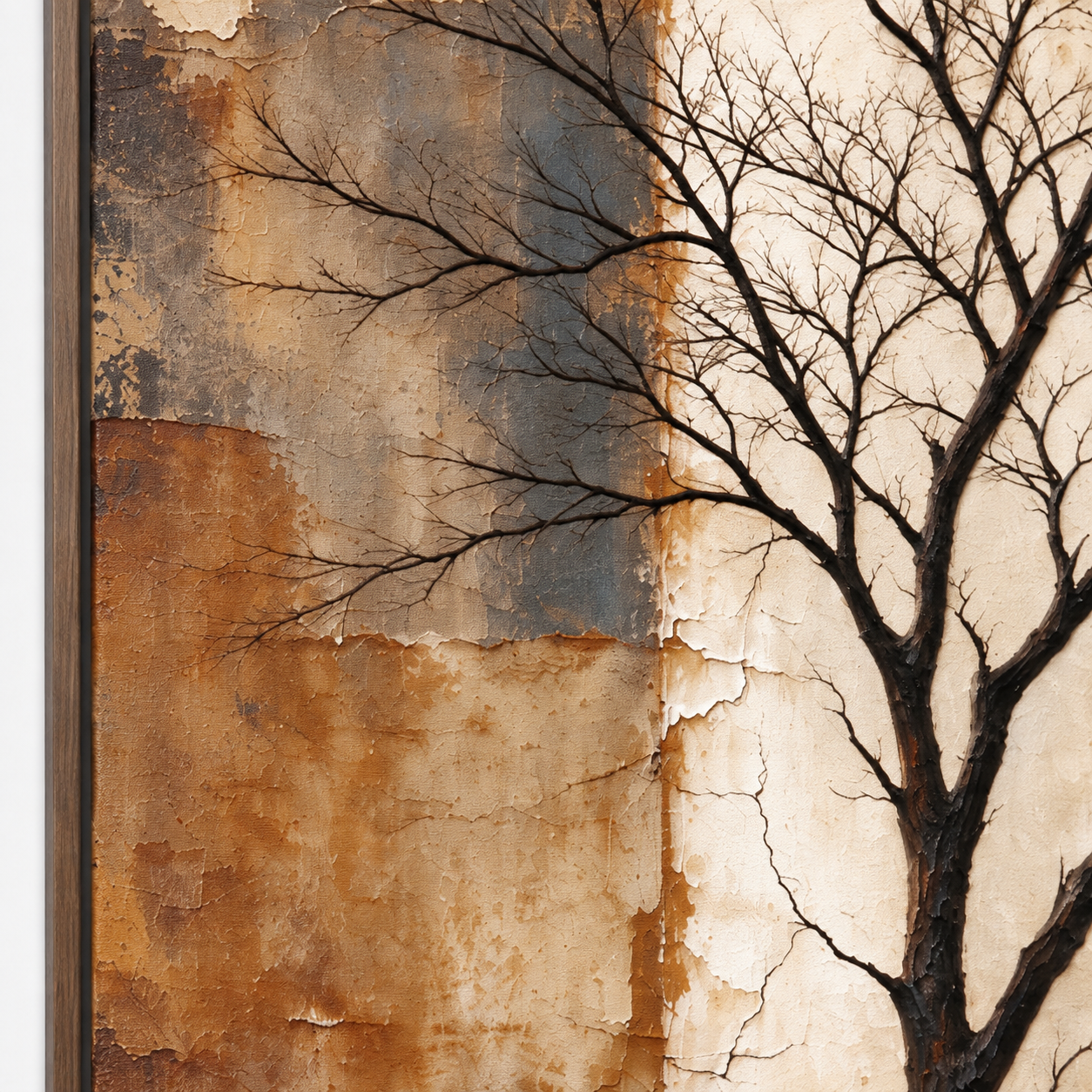 Slender black tree beside rust, slate gray, and charcoal panels on an ivory field, close-up detail