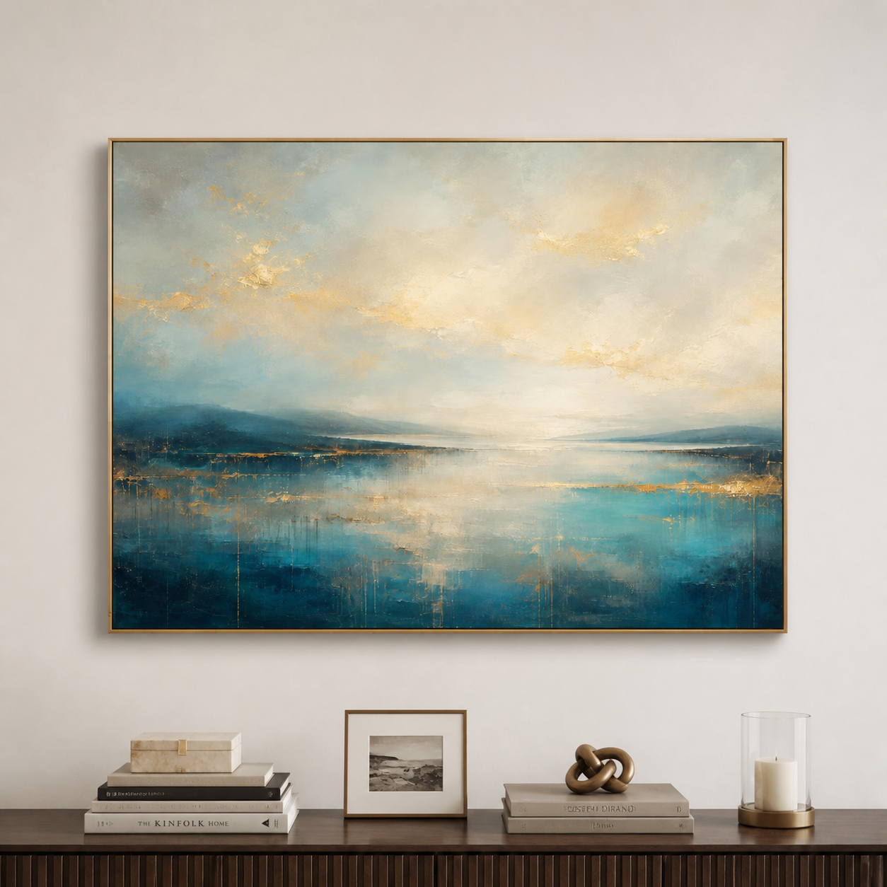 Abstract blue waterscape with distant landforms, a cream sky, and golden lines and accents, shown in a room setting