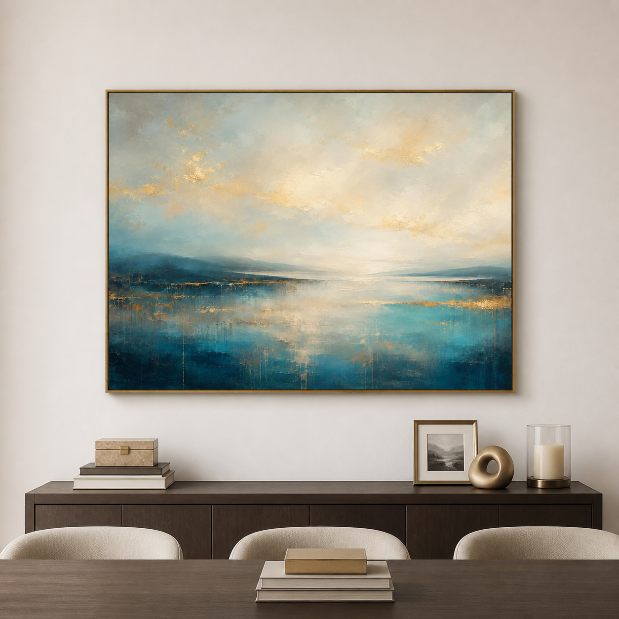 Abstract blue waterscape with distant landforms, a cream sky, and golden lines and accents, shown in a room setting