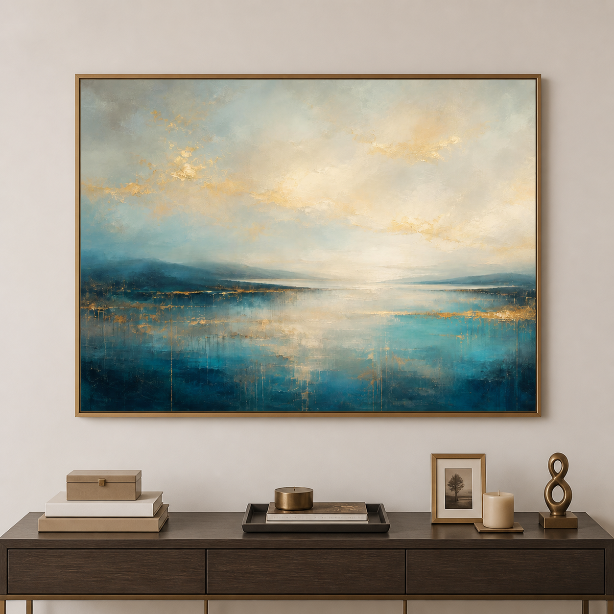 Abstract blue waterscape with distant landforms, a cream sky, and golden lines and accents, shown in a room setting