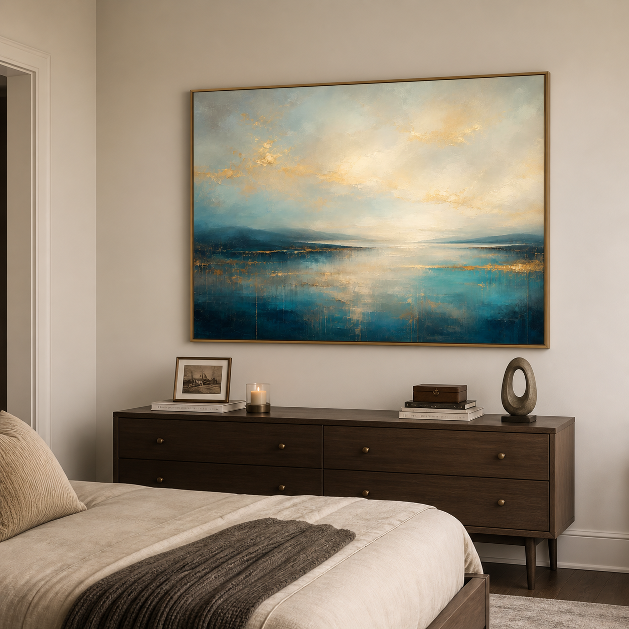 Abstract blue waterscape with distant landforms, a cream sky, and golden lines and accents, shown in a room setting