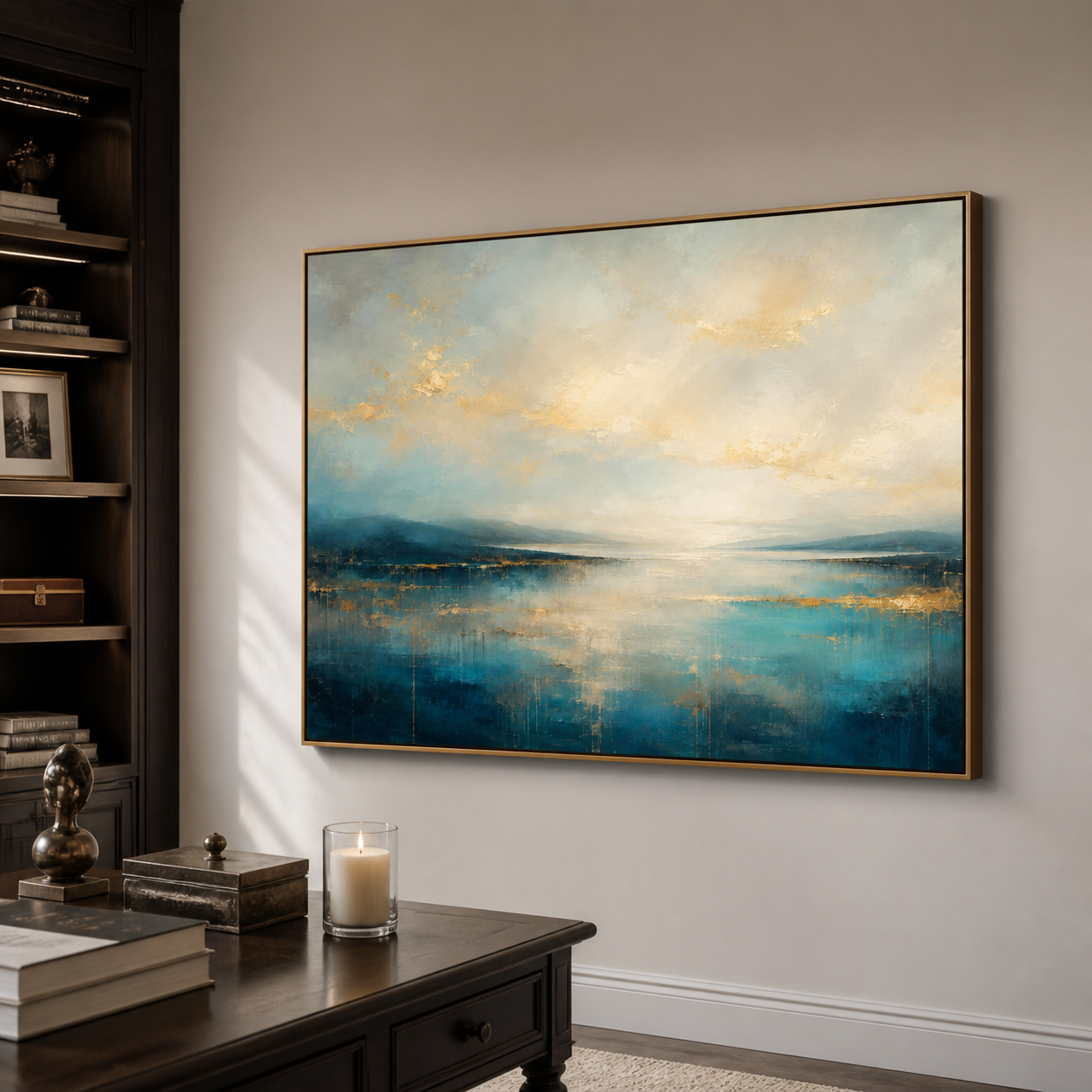 Abstract blue waterscape with distant landforms, a cream sky, and golden lines and accents, shown in a room setting
