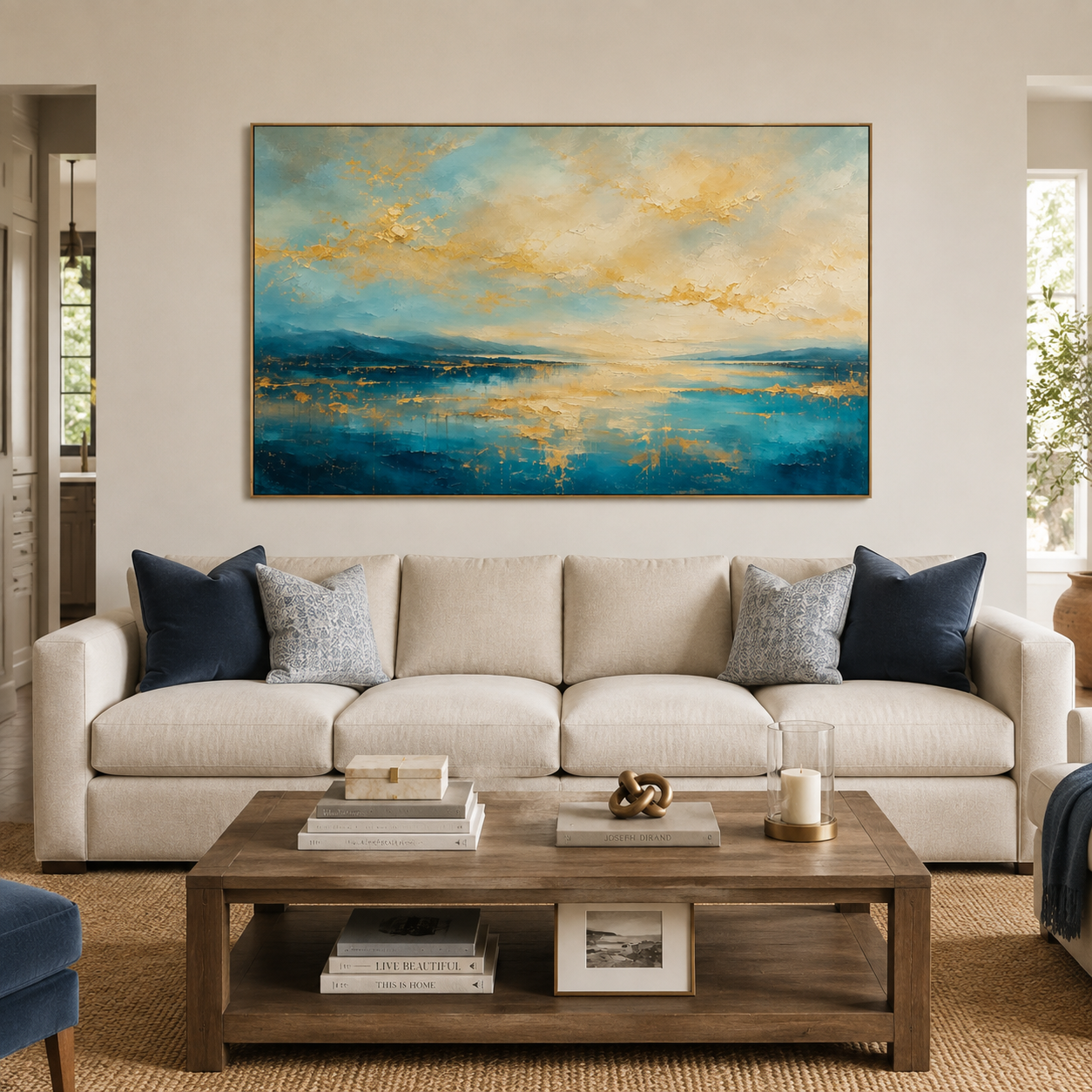 Abstract blue waterscape with distant landforms, a cream sky, and golden lines and accents, shown in a room setting
