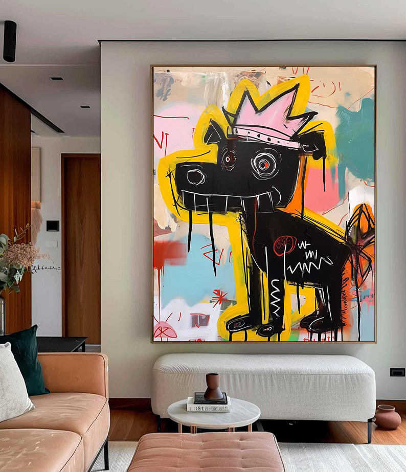 Graffiti Dog Wall Art – Pop Art Crowned Dog Canvas Painting for Modern Home Décor