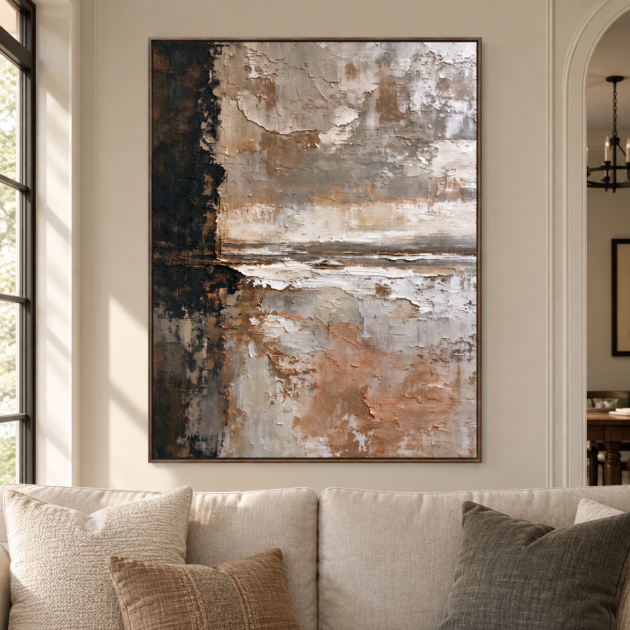 Charcoal field beside clay, gray, and ivory layers with an uneven horizontal divide, shown in a room setting