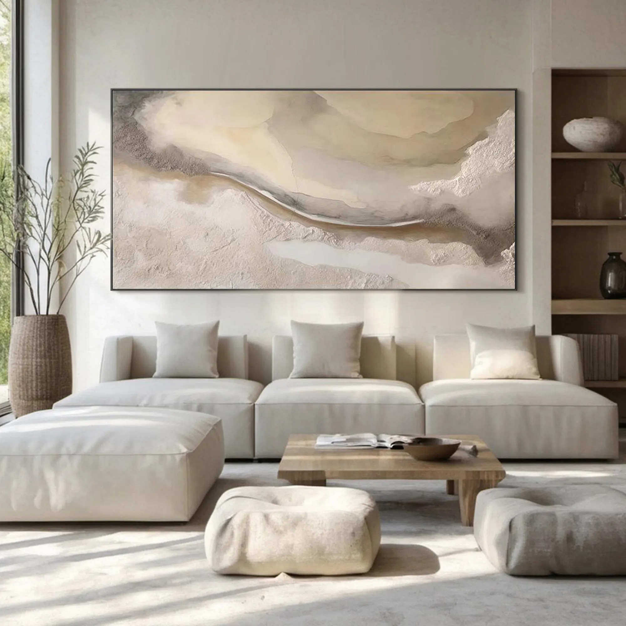 Cream and taupe abstract layers with a smoky gray and brown flowing contour, shown in a room setting