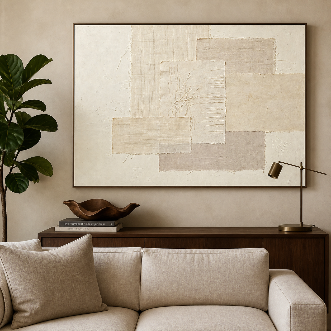 Overlapping cream, sand, and taupe rectangles with uneven edges on off-white, shown in a room setting