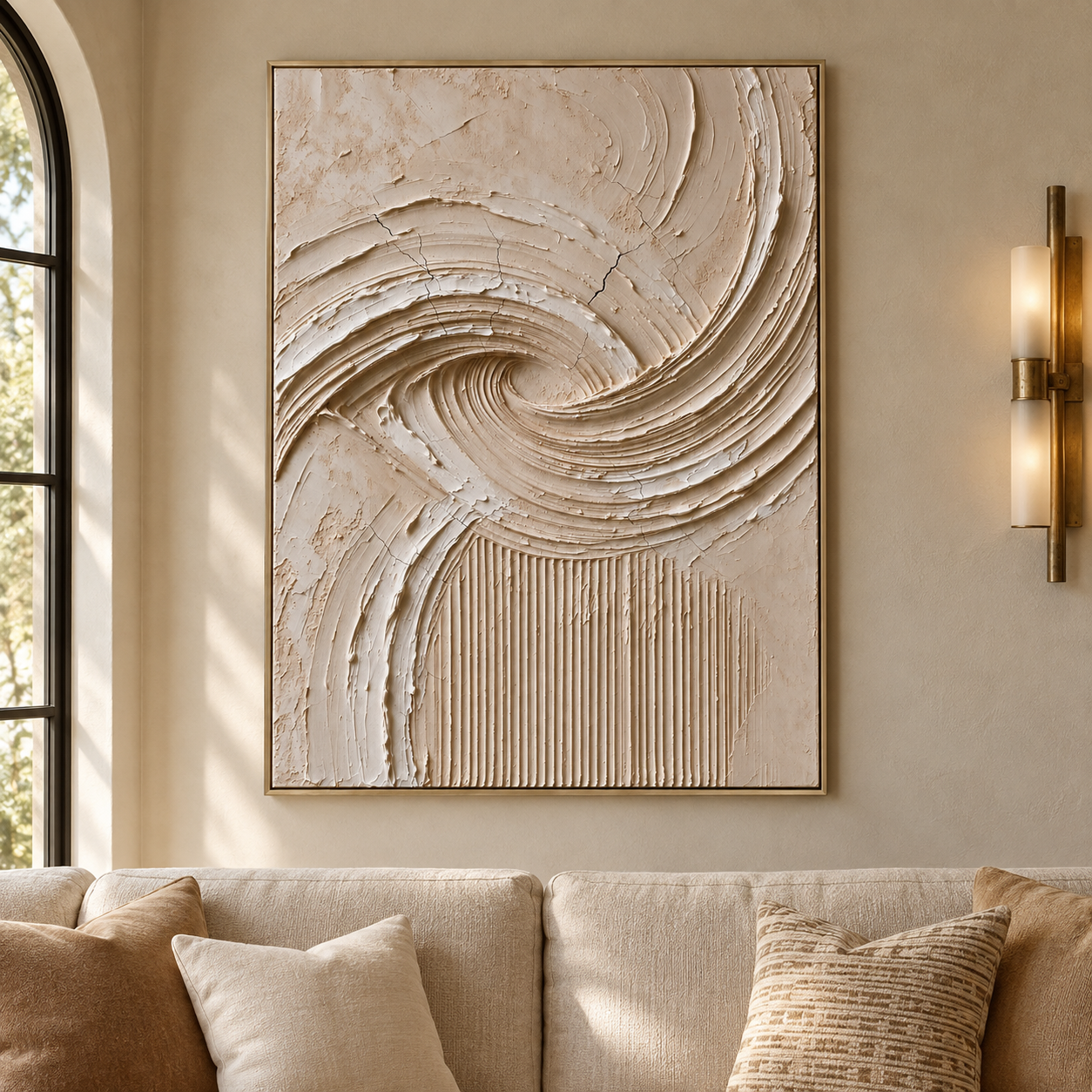 Sweeping cream and taupe arcs above fine vertical marks on a pale field, shown in a room setting