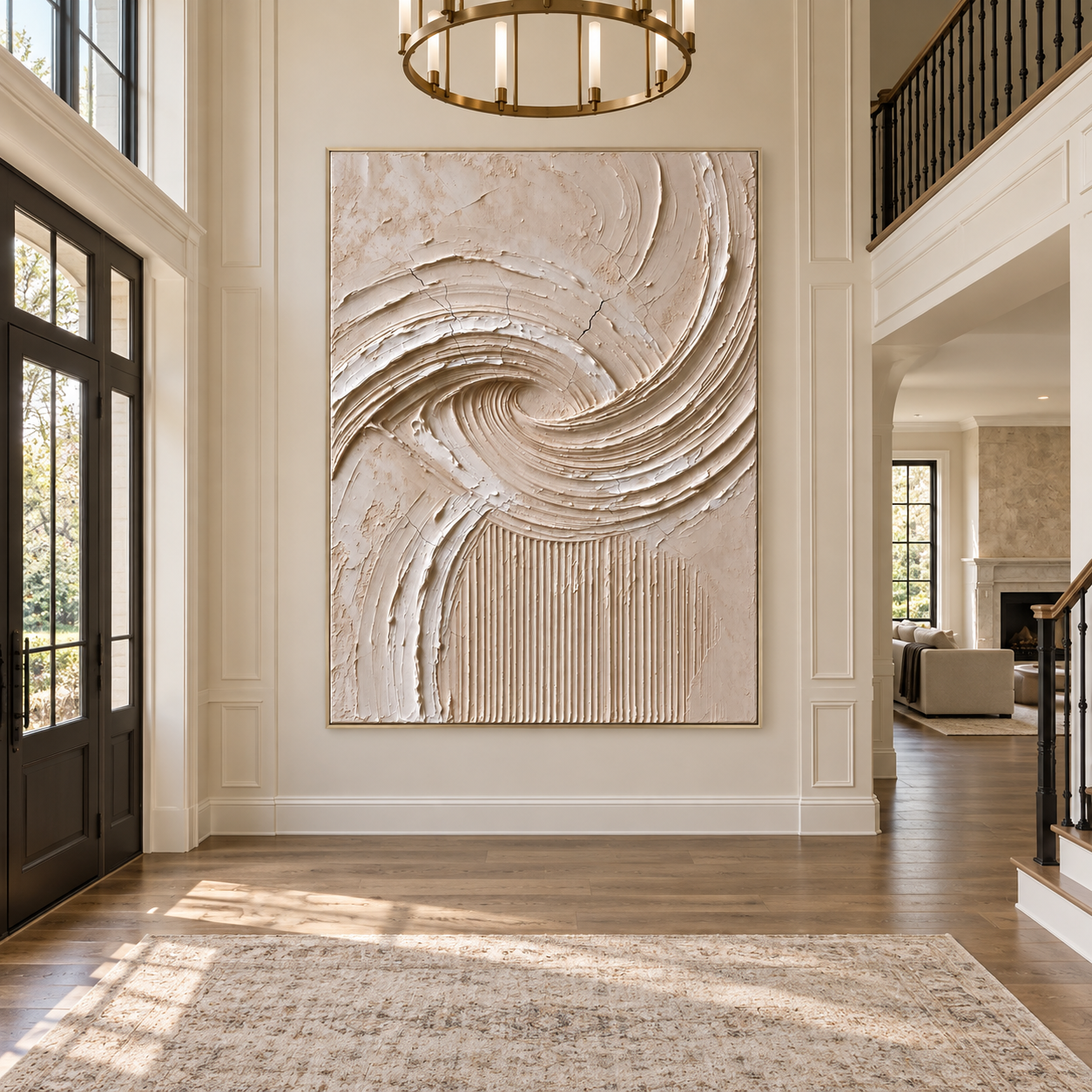 Sweeping cream and taupe arcs above fine vertical marks on a pale field, shown in a room setting