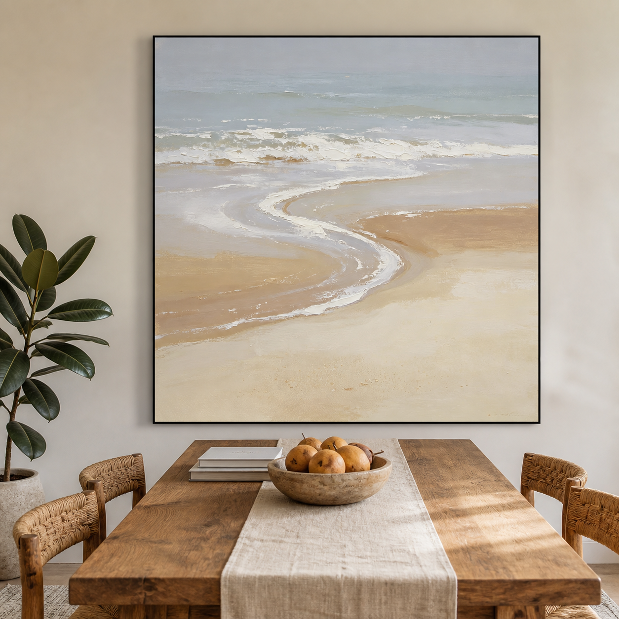 Curving white surf along a beige sandy beach beside pale blue-gray water, shown in a room setting