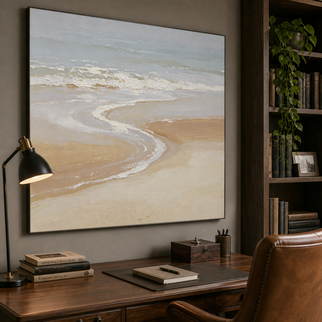 Curving white surf along a beige sandy beach beside pale blue-gray water, shown in a room setting