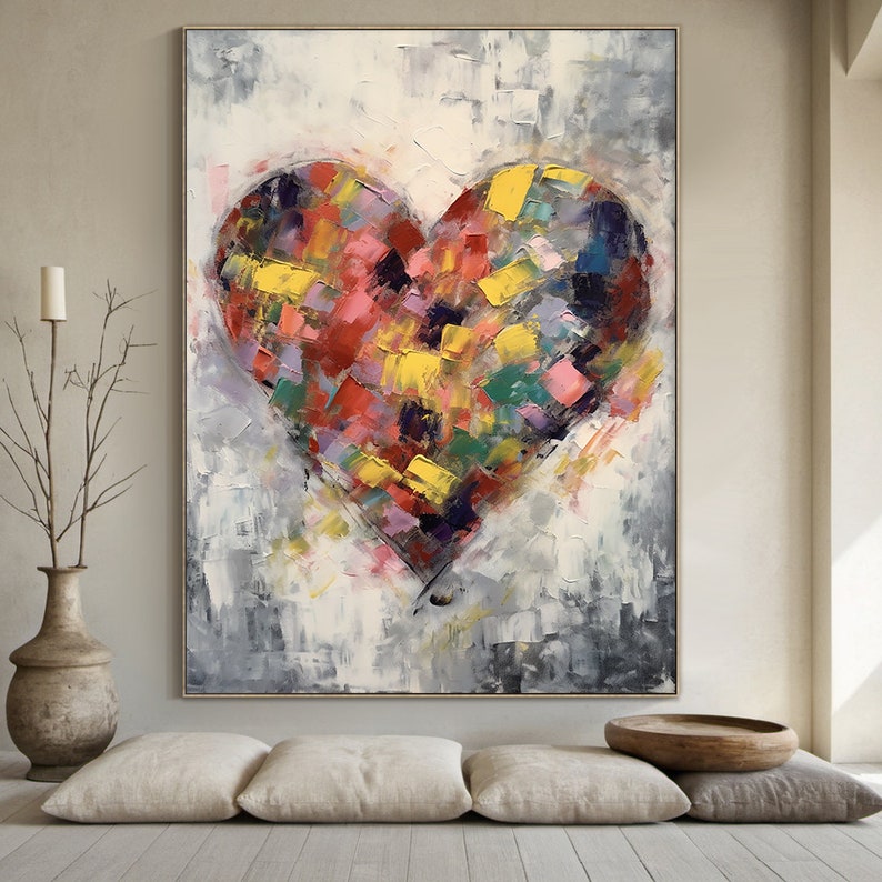 Radiant Heart – Large Textured Abstract Heart Oil Painting, Modern Love Wall Art for Living Room