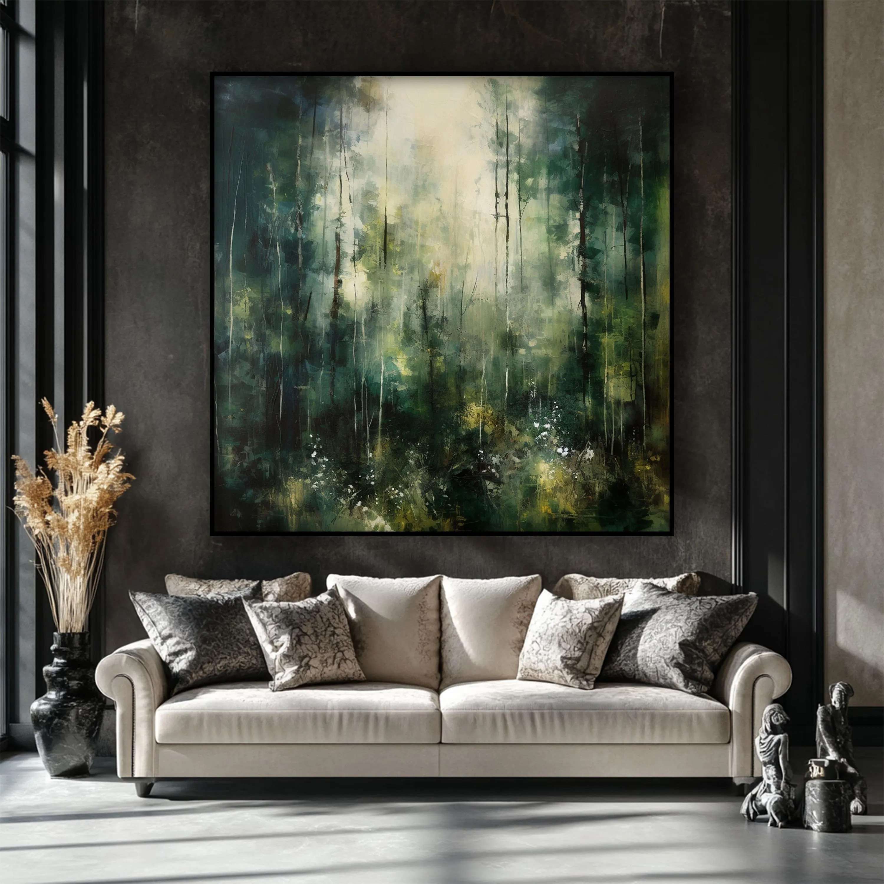Textured abstract forest landscape oil painting in green and mist tones, handmade wall art for modern living room