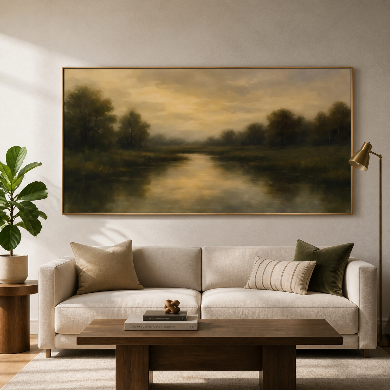 A quiet river reflecting a golden sky between dark olive trees in a panoramic landscape, shown in a room setting