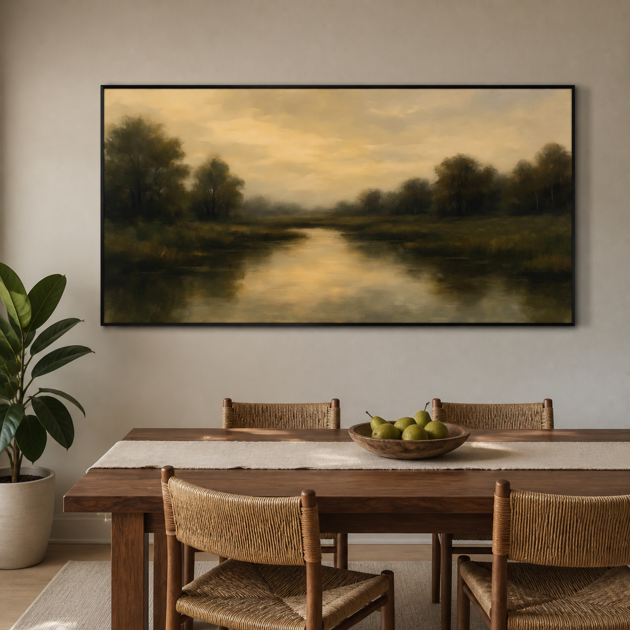 A quiet river reflecting a golden sky between dark olive trees in a panoramic landscape, shown in a room setting