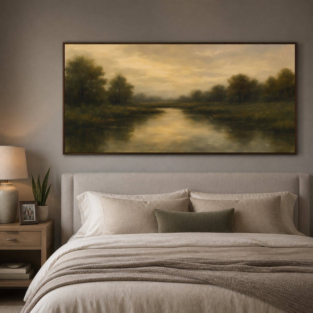 A quiet river reflecting a golden sky between dark olive trees in a panoramic landscape, shown in a room setting