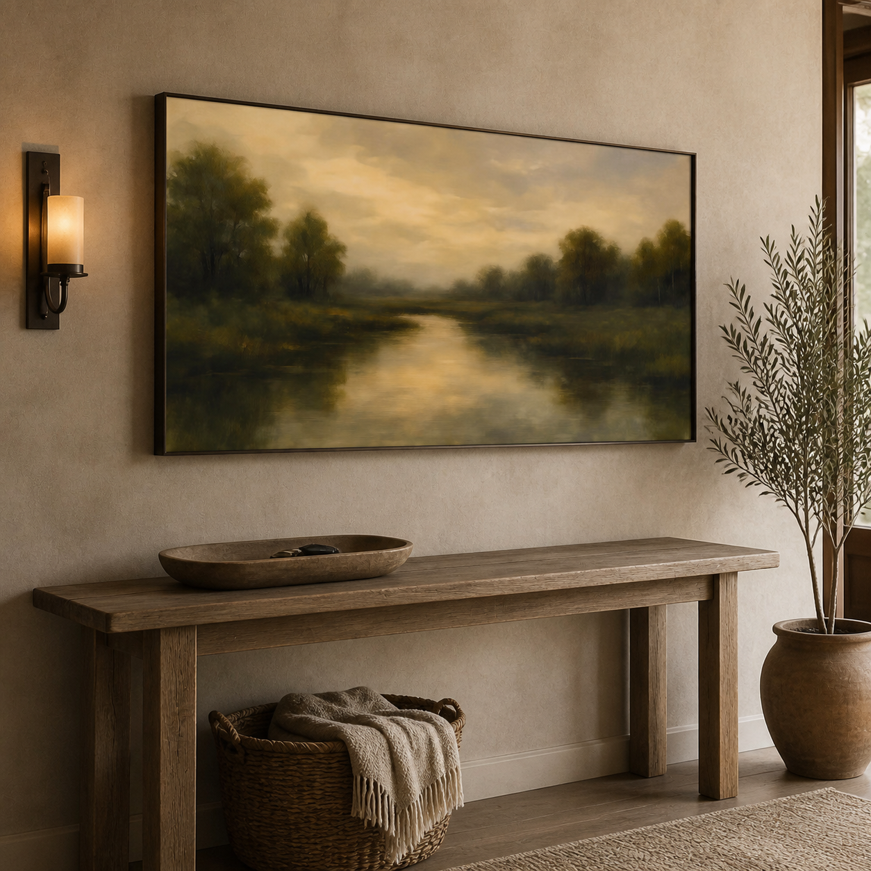 A quiet river reflecting a golden sky between dark olive trees in a panoramic landscape, shown in a room setting