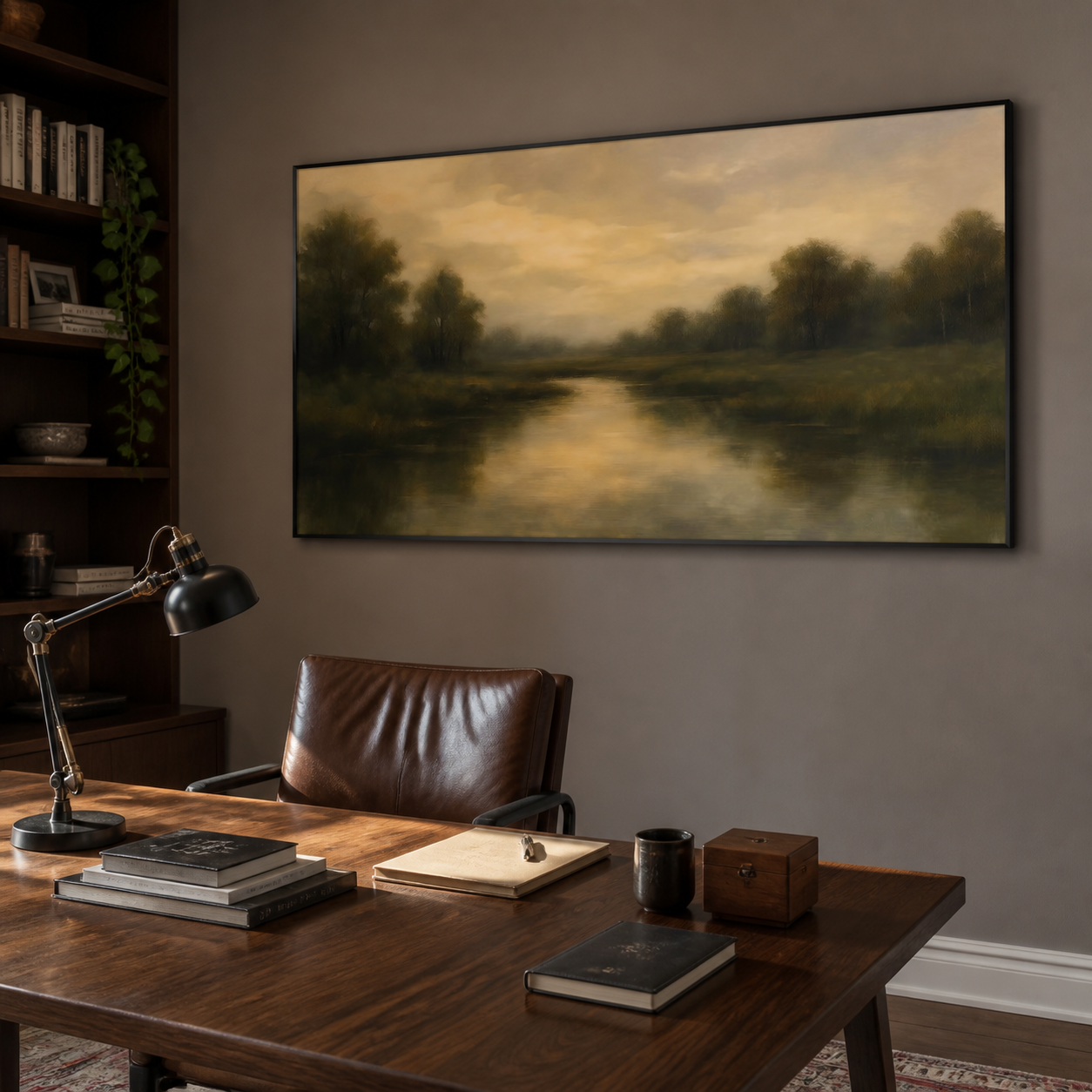 A quiet river reflecting a golden sky between dark olive trees in a panoramic landscape, shown in a room setting