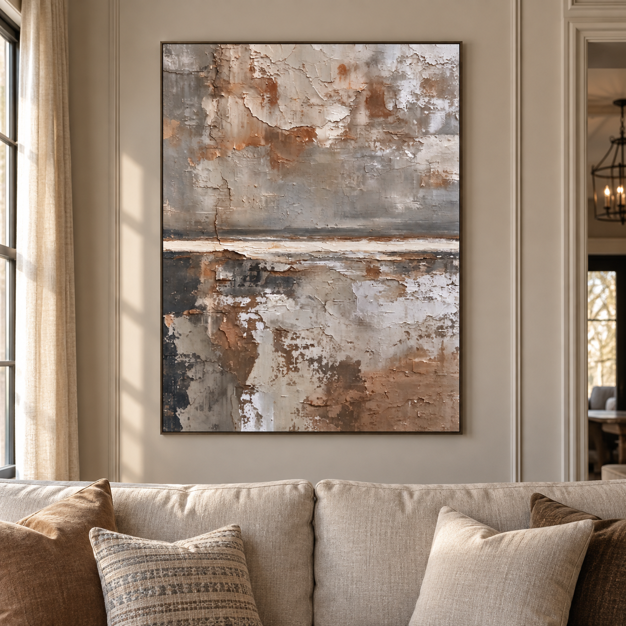 Gray and rust mottled fields crossed by a narrow ivory horizon with dark accents, shown in a room setting