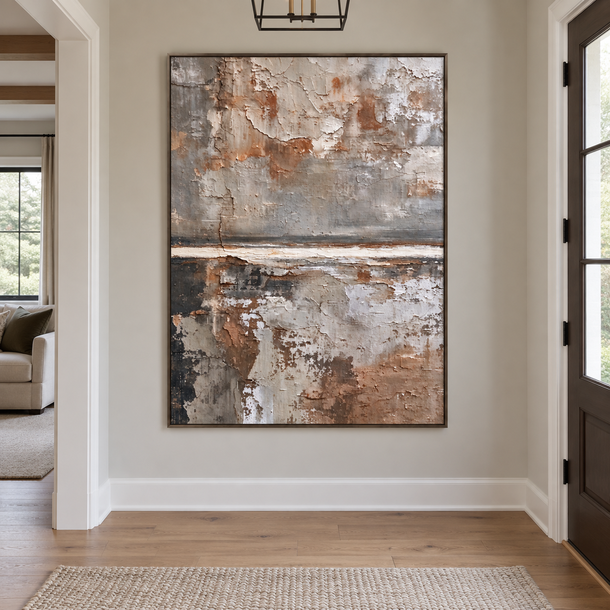 Gray and rust mottled fields crossed by a narrow ivory horizon with dark accents, shown in a room setting