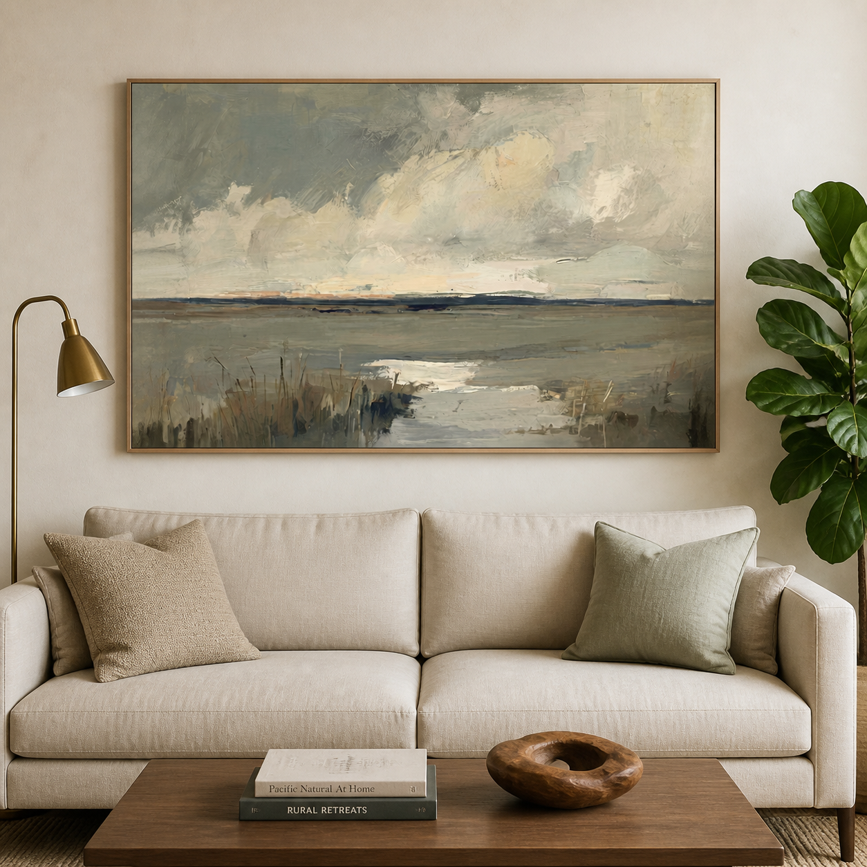 Gray-blue marsh water and reeds beneath broad cream clouds and a distant dark horizon, shown in a room setting