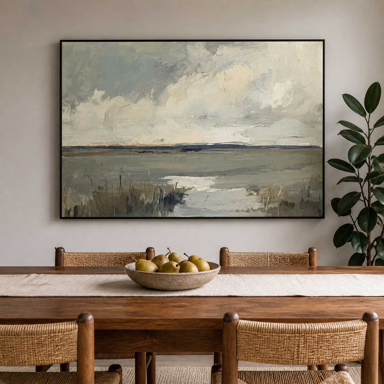 Gray-blue marsh water and reeds beneath broad cream clouds and a distant dark horizon, shown in a room setting