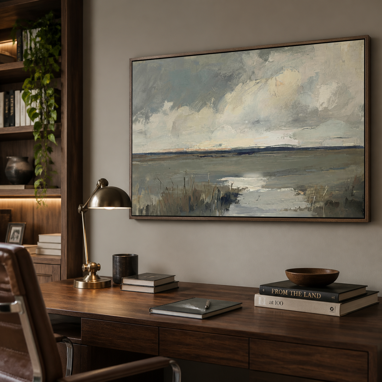Gray-blue marsh water and reeds beneath broad cream clouds and a distant dark horizon, shown in a room setting