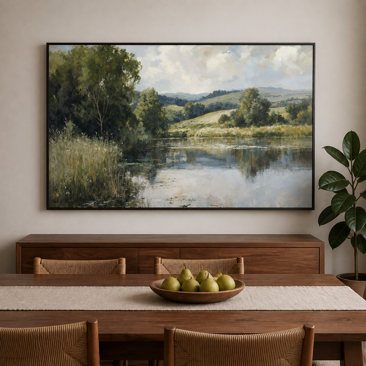 Leafy green trees and grasses beside a reflective lake with rolling hills and a cloudy blue sky, shown in a room setting