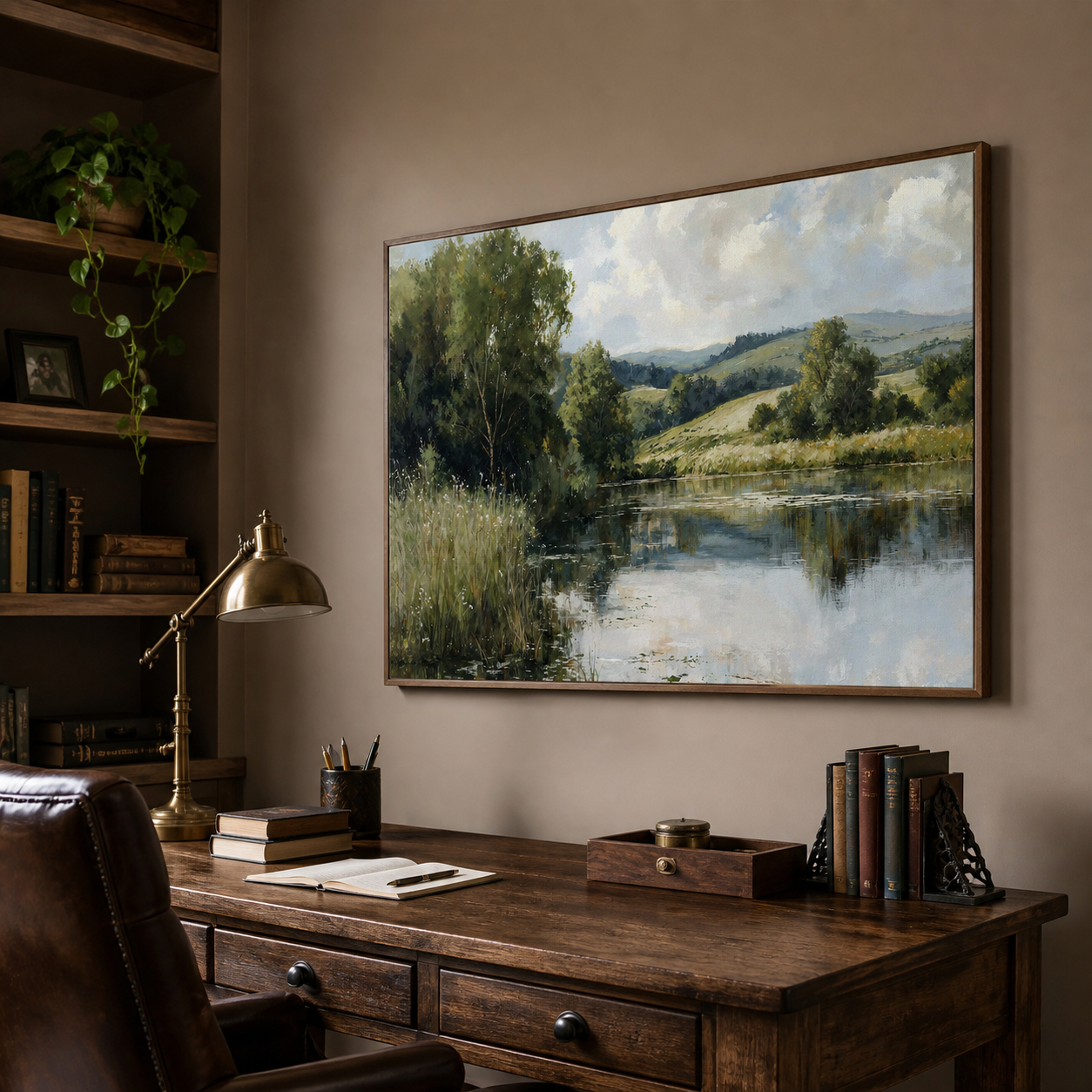 Leafy green trees and grasses beside a reflective lake with rolling hills and a cloudy blue sky, shown in a room setting