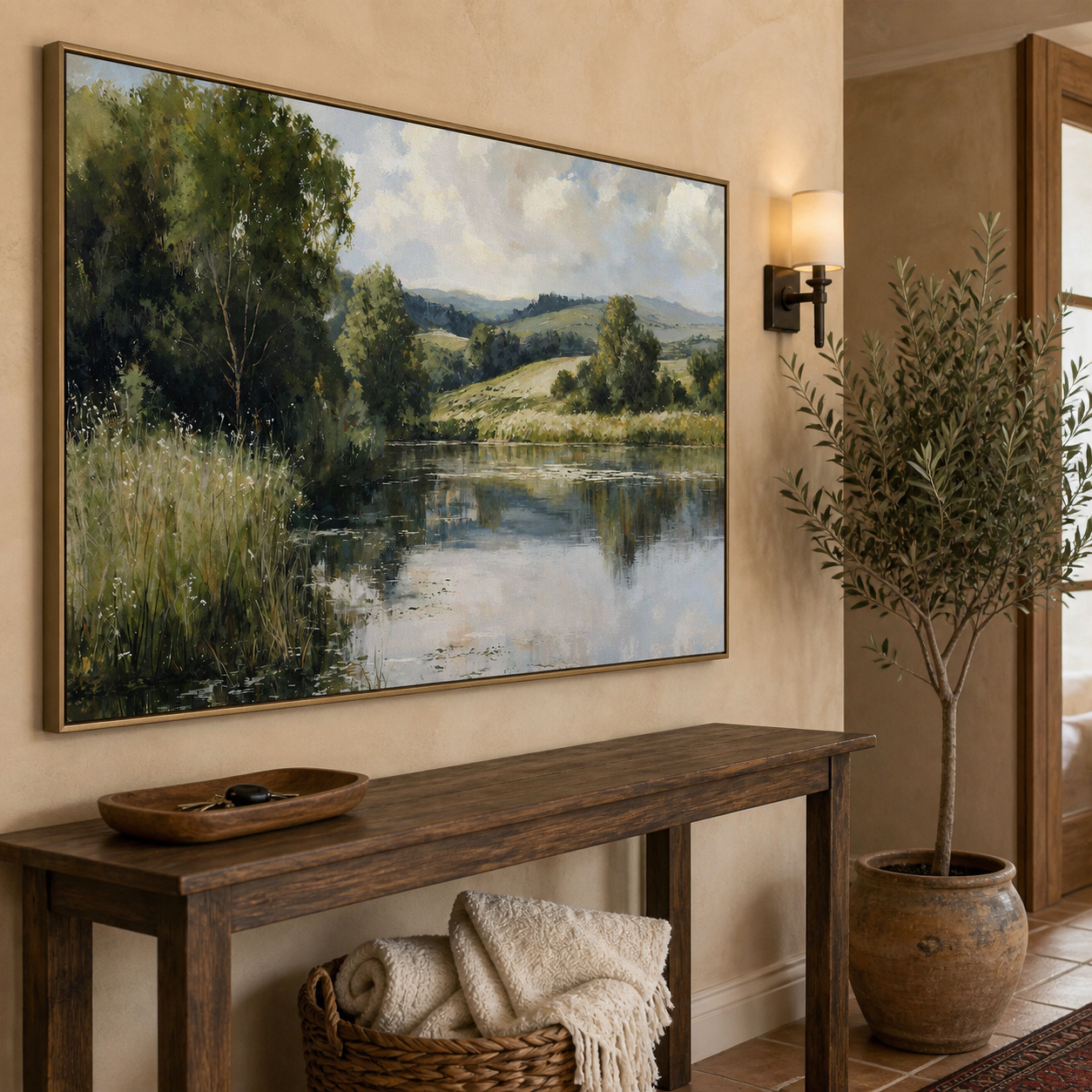 Leafy green trees and grasses beside a reflective lake with rolling hills and a cloudy blue sky, shown in a room setting