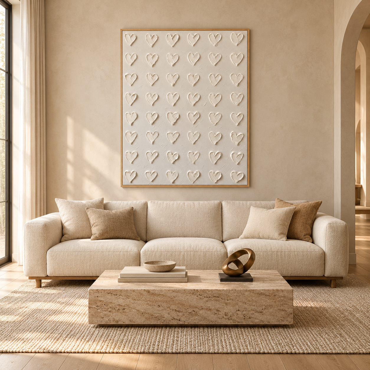 Rows of ivory heart shapes with softly shaded edges on a warm beige background, displayed in a room setting