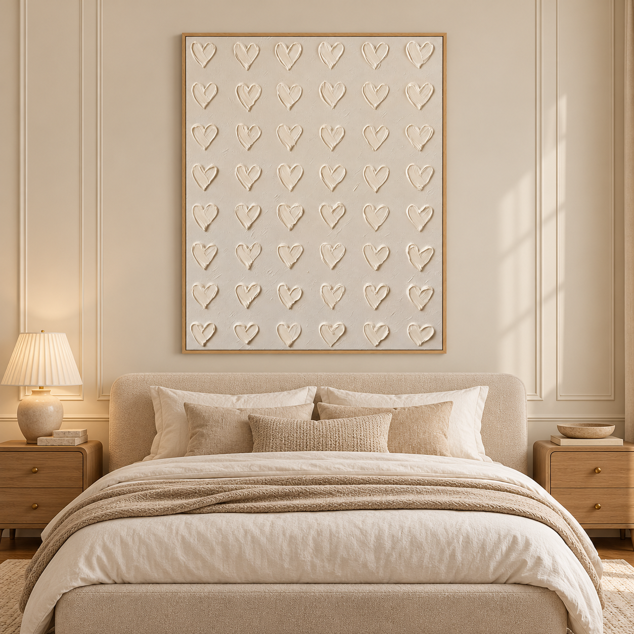 Rows of ivory heart shapes with softly shaded edges on a warm beige background, displayed in a room setting