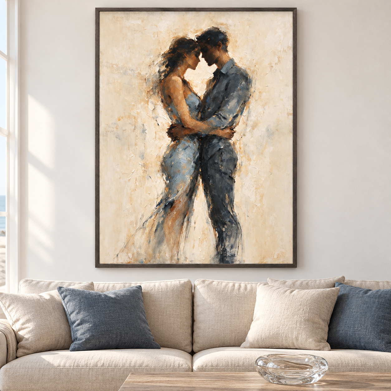 Couple embracing with foreheads touching, in blue-gray clothing against warm cream, displayed in a room setting