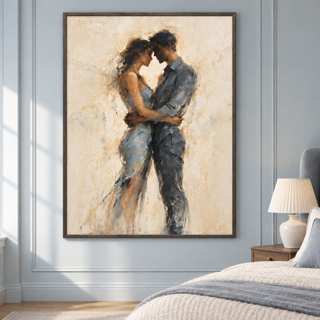 Couple embracing with foreheads touching, in blue-gray clothing against warm cream, displayed in a room setting