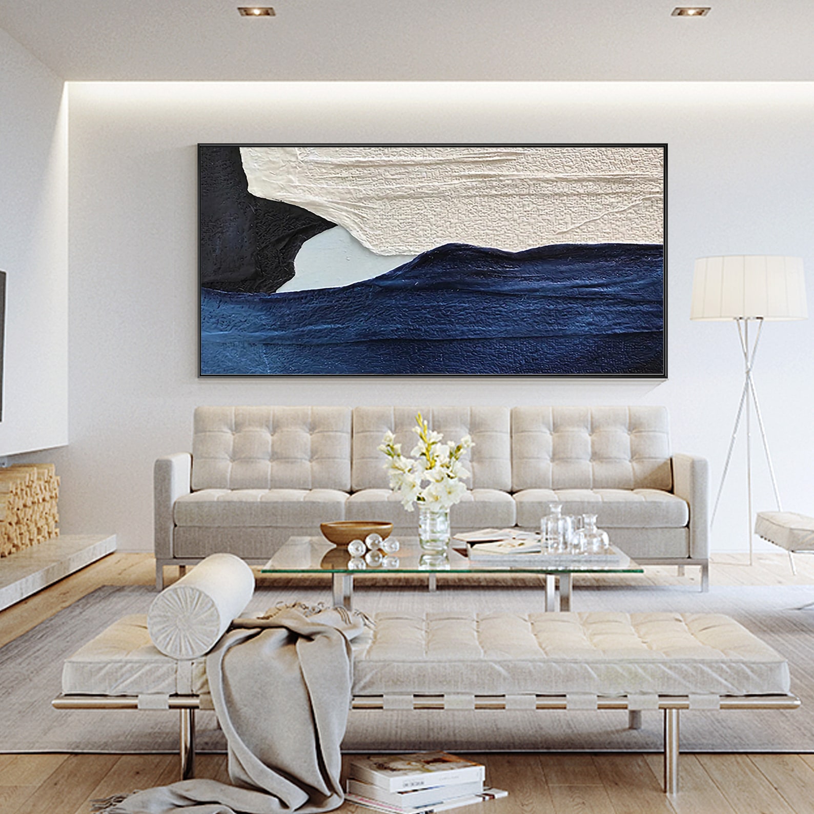 Blue Abstract Wall Art, Original Hand Painted Oil Painting on Canvas for Dining Room Decor