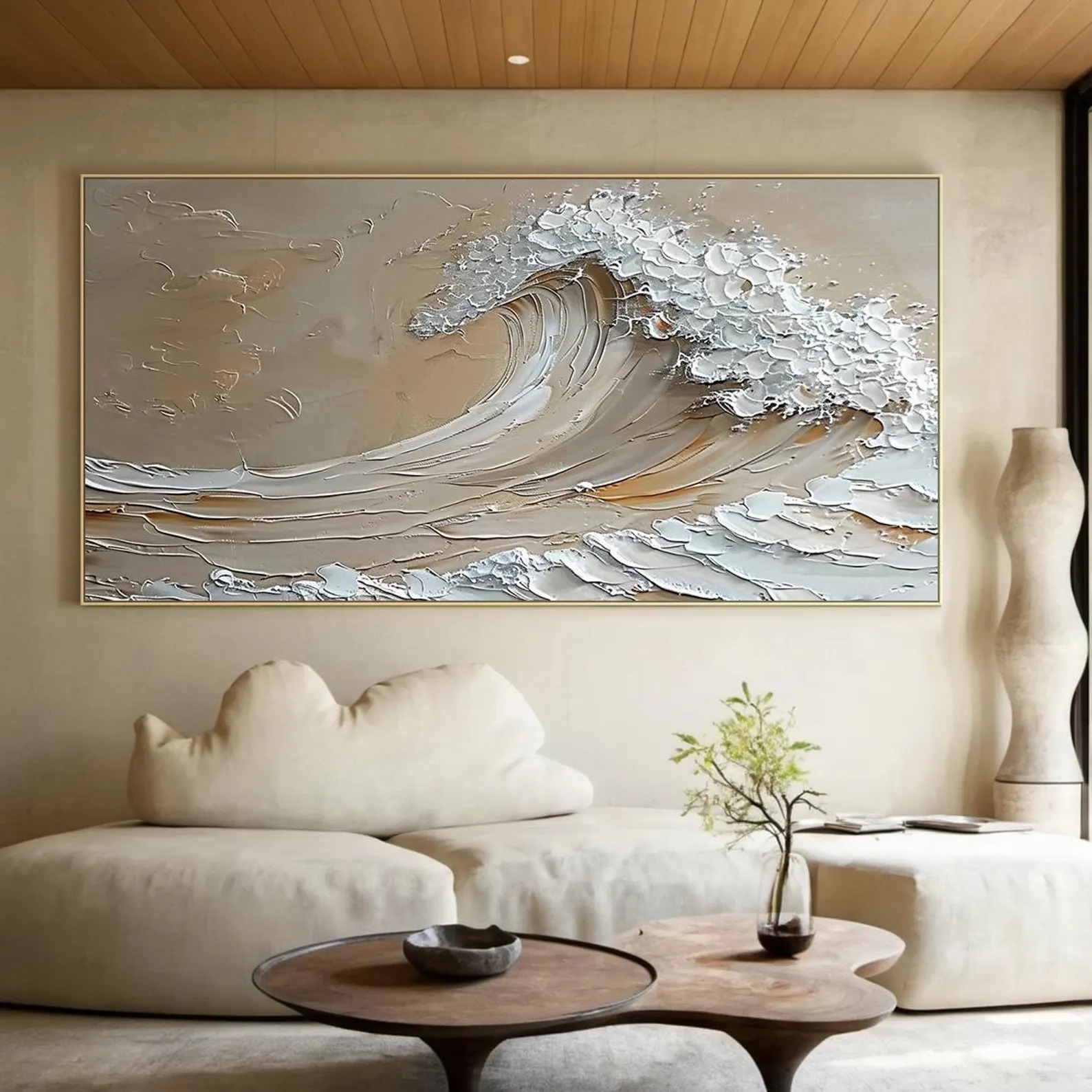 Serene Wave – Textured Abstract Ocean Painting in Beige and Silver