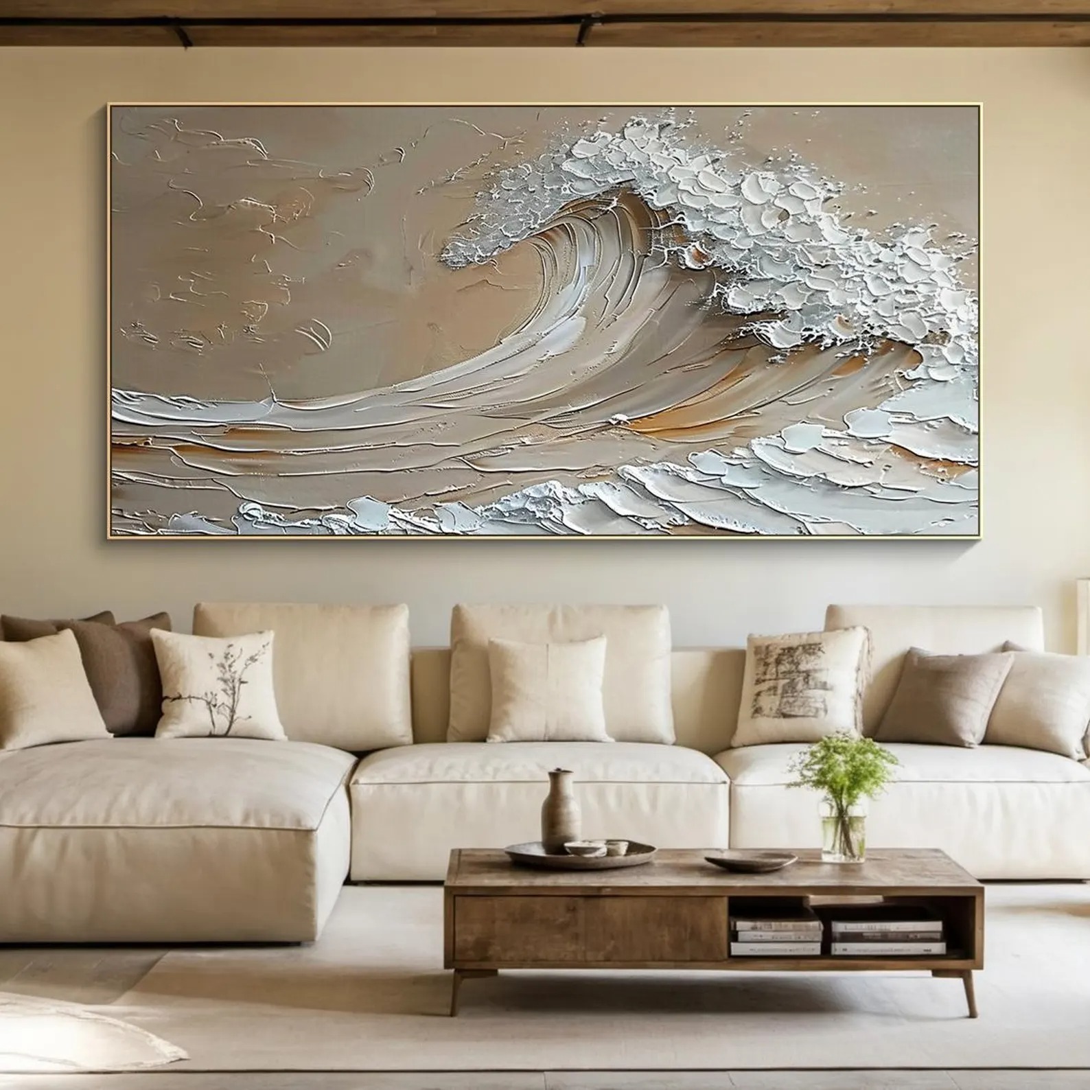 Serene Wave – Textured Abstract Ocean Painting in Beige and Silver