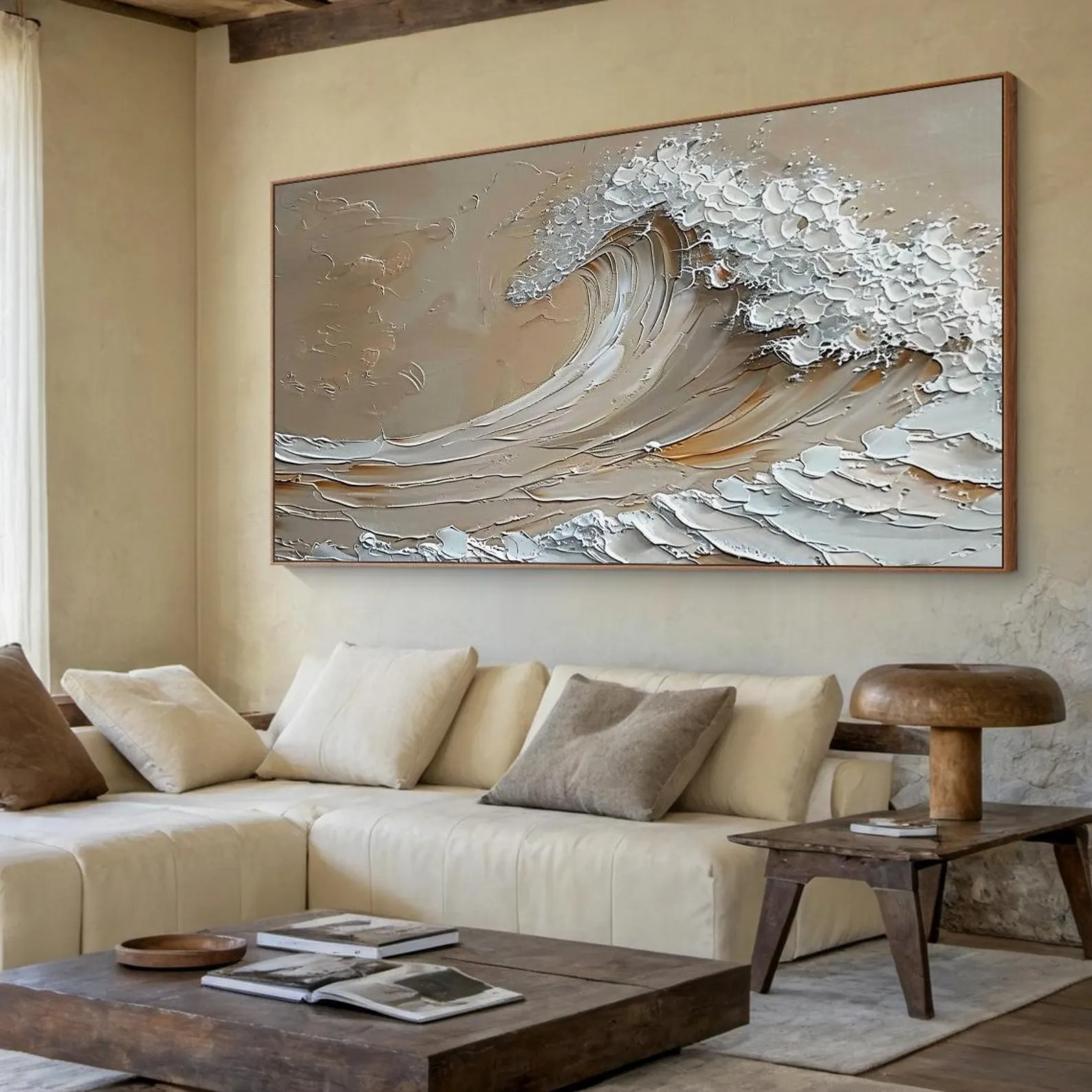 Serene Wave – Textured Abstract Ocean Painting in Beige and Silver