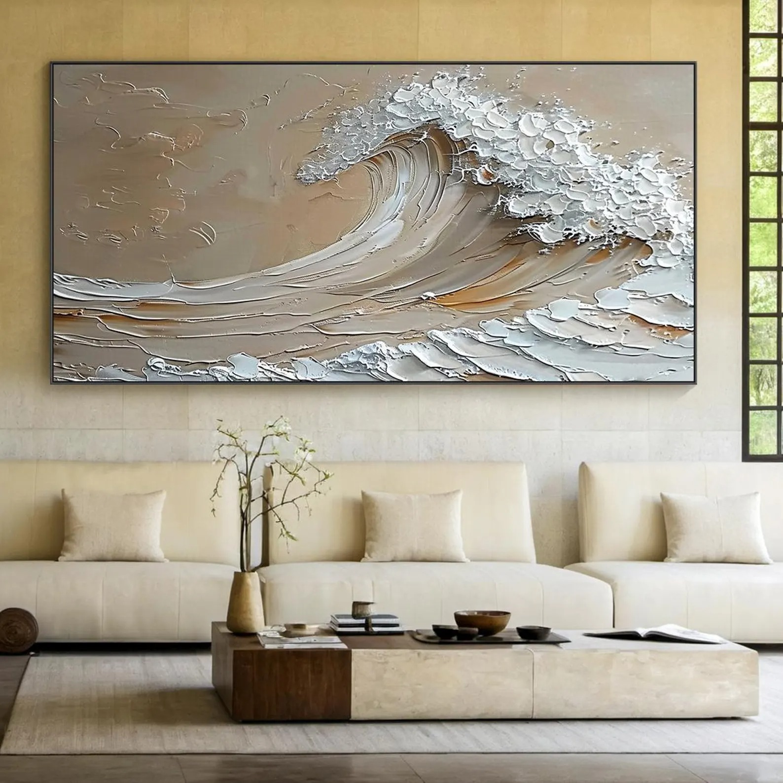 Serene Wave – Textured Abstract Ocean Painting in Beige and Silver