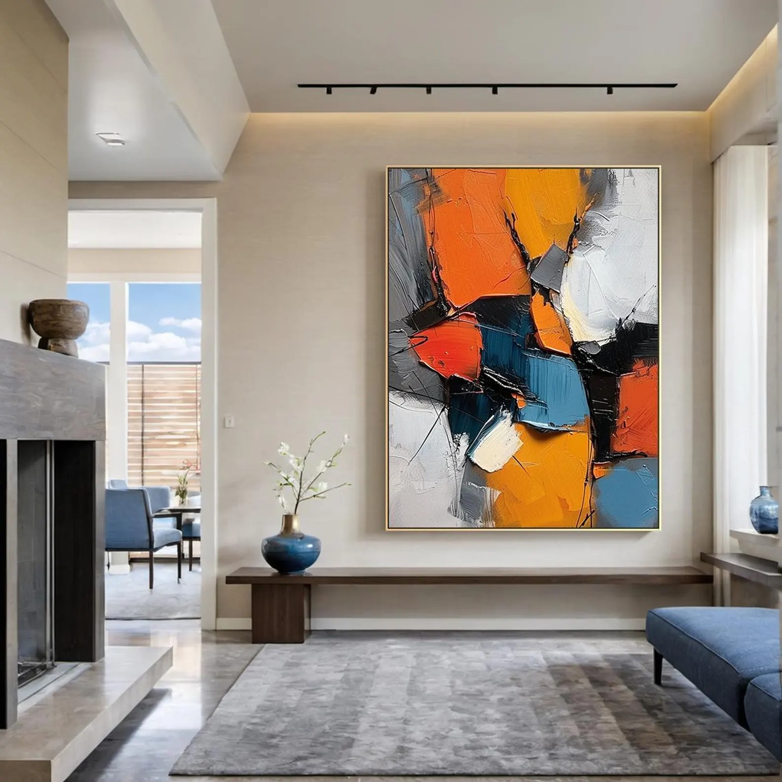 Abstract Energy – Bold Orange and Blue Textured Canvas Art