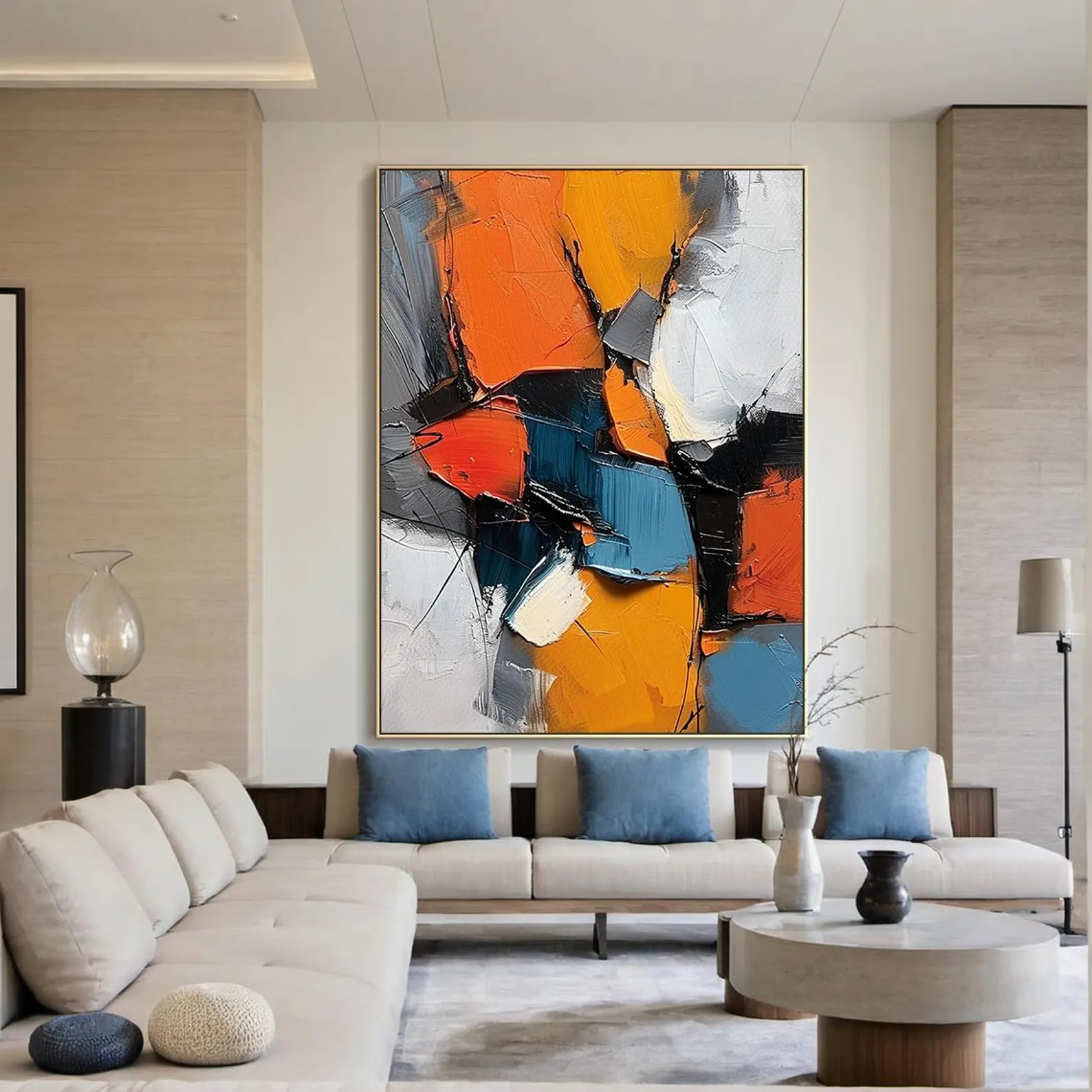 Abstract Energy – Bold Orange and Blue Textured Canvas Art