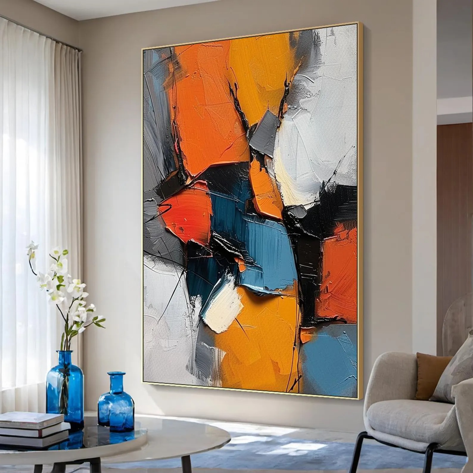 Abstract Energy – Bold Orange and Blue Textured Canvas Art