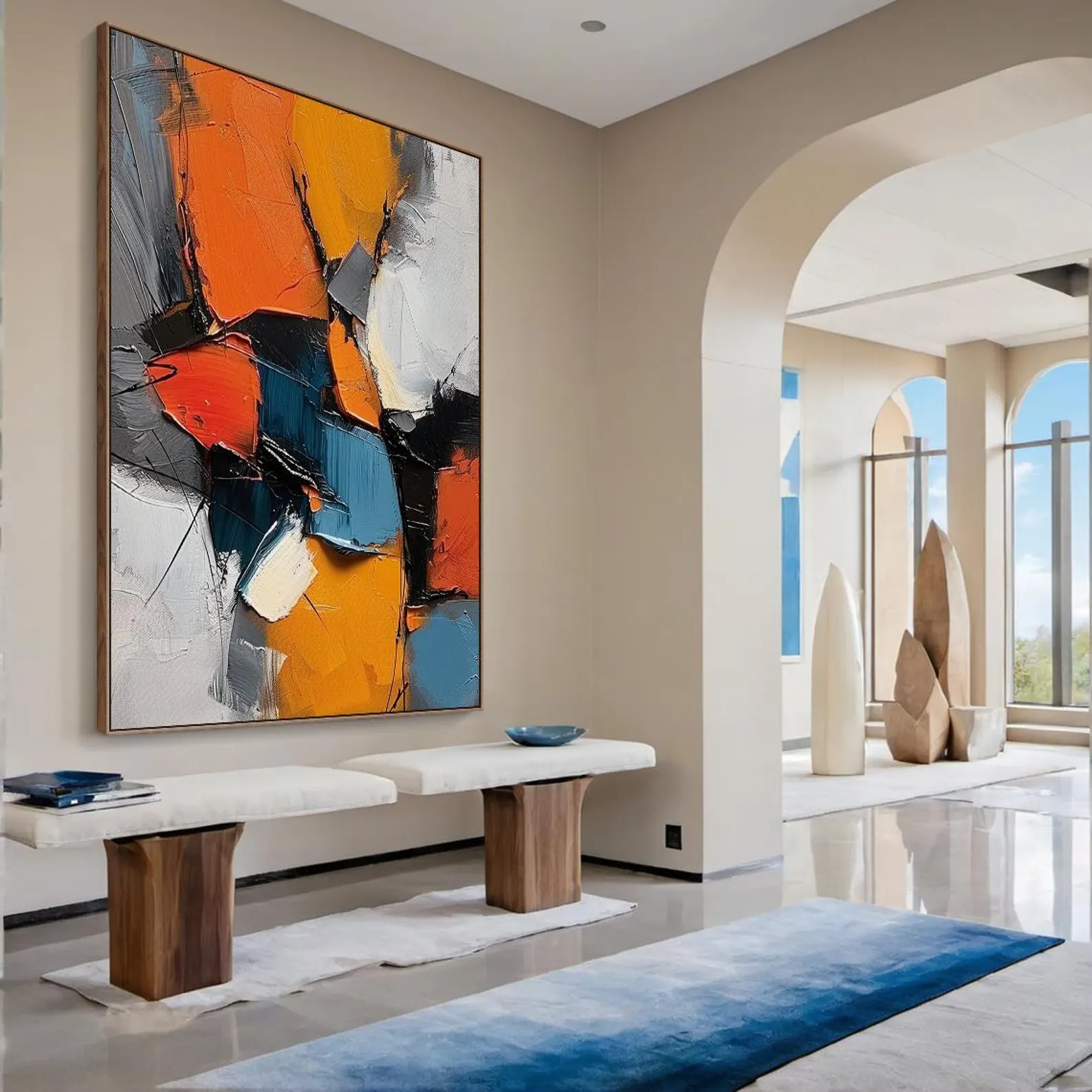 Abstract Energy – Bold Orange and Blue Textured Canvas Art