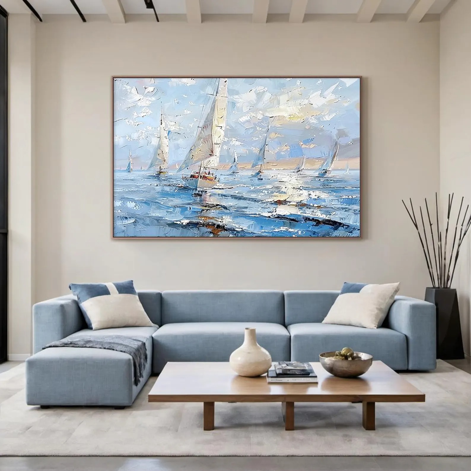 Sailing Through Blue – Textured Abstract Ocean and Sailboats Painting