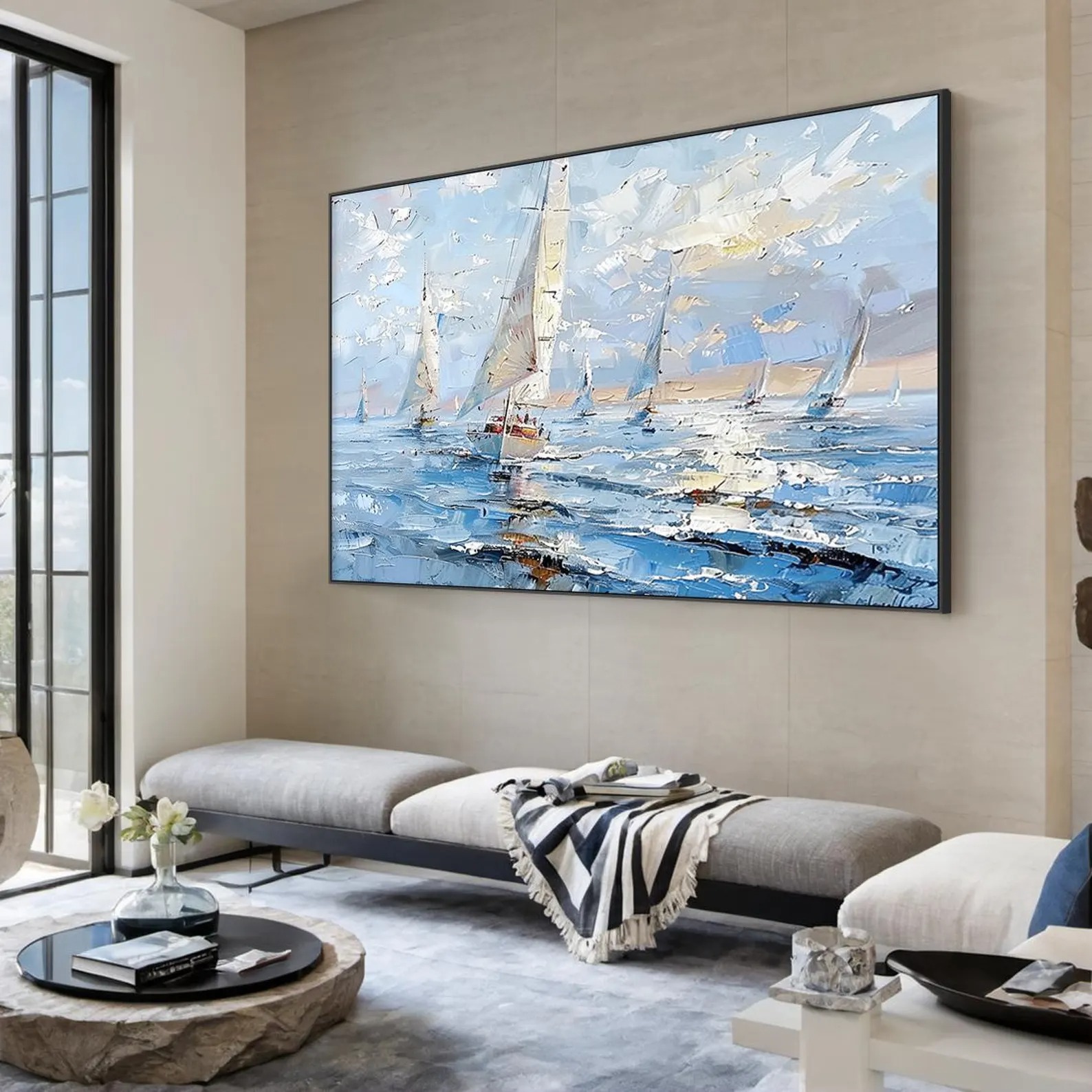 Sailing Through Blue – Textured Abstract Ocean and Sailboats Painting