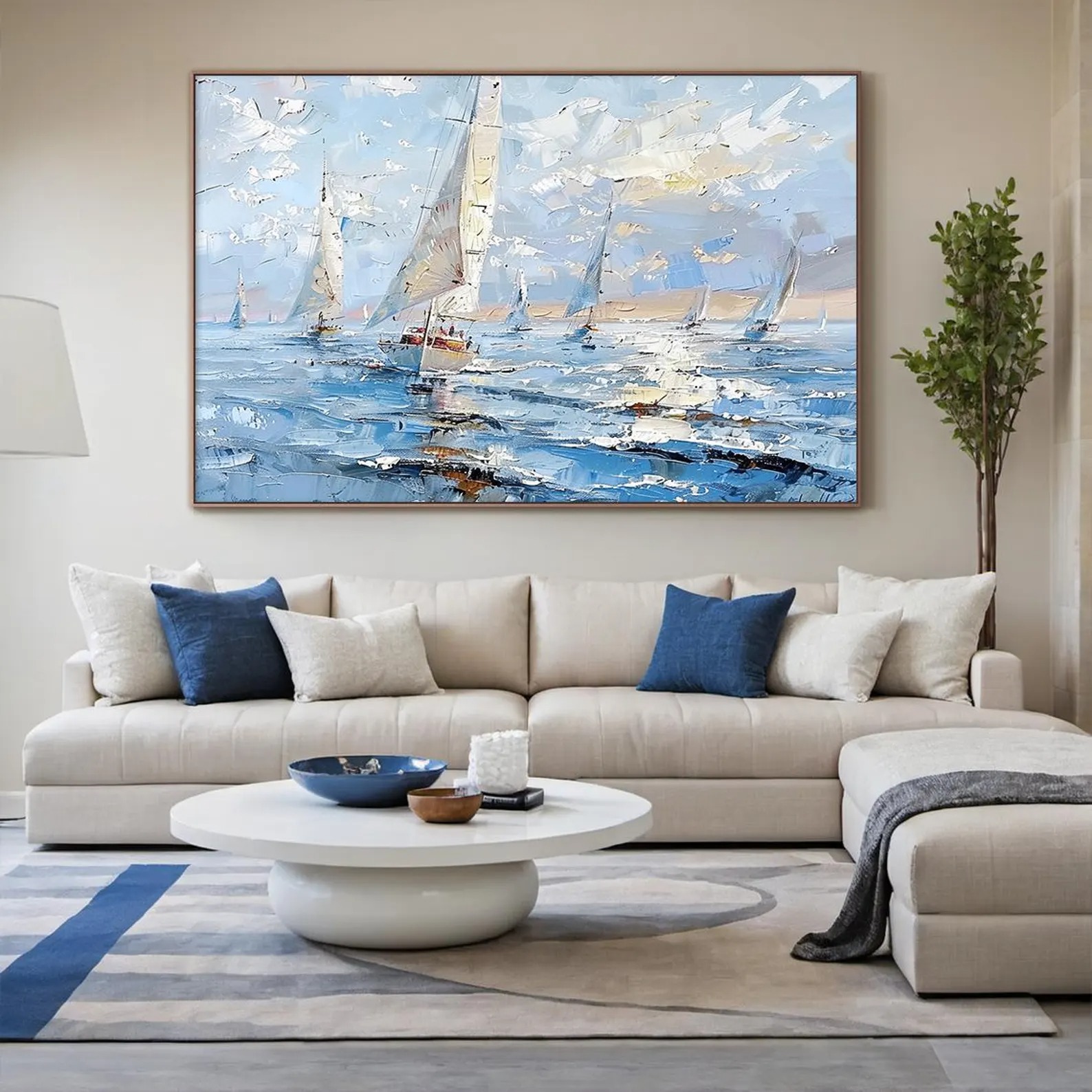 Sailing Through Blue – Textured Abstract Ocean and Sailboats Painting