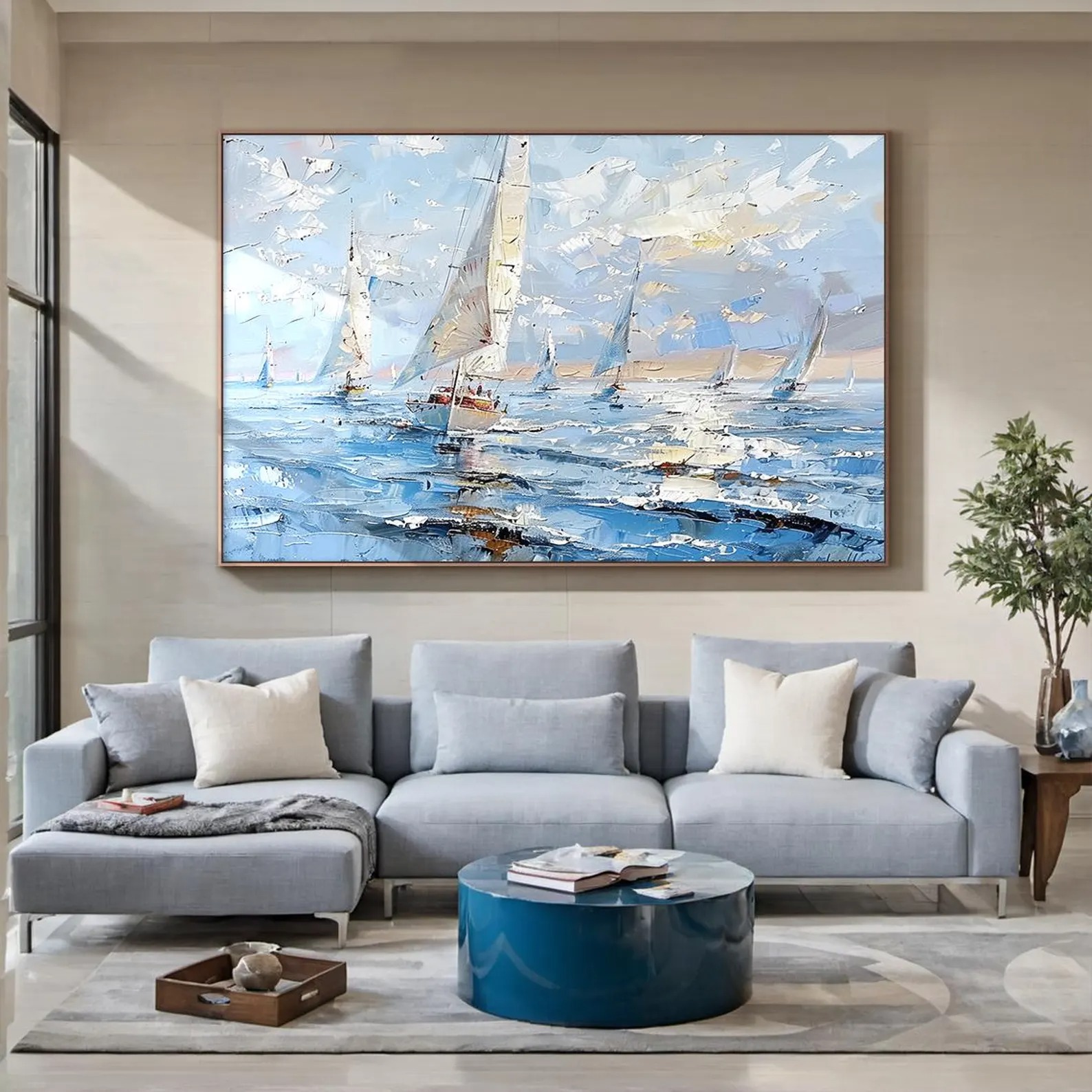 Sailing Through Blue – Textured Abstract Ocean and Sailboats Painting